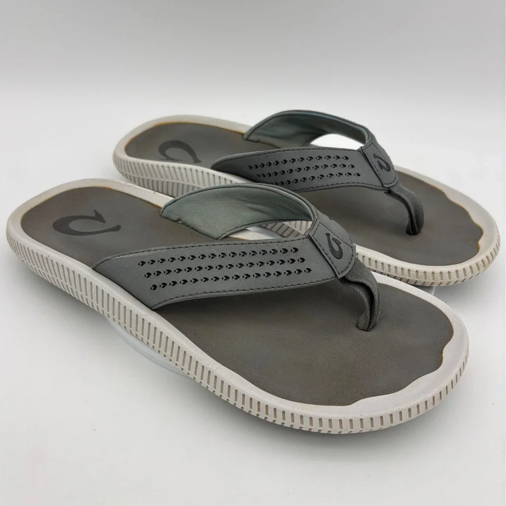 OLUKAI Ulele Mens Flip Flop Sandal Shoe Thong Gray White Grey Beach Stone 9